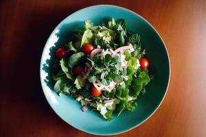 fresco salada com verde azeitonas, feta queijo e cereja tomates dentro uma tigela. saudável salada. generativo ai foto