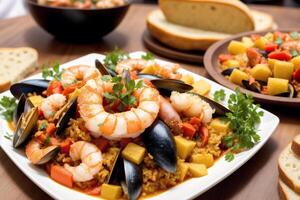 espanhol cozinha. espanhol paella com camarões, mexilhão e legumes. frutos do mar paella com camarões, mexilhões e tomates. generativo ai foto