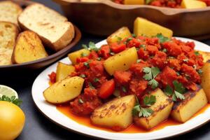 espanhol cozinha. espanhol paella com camarões, mexilhão e legumes. frutos do mar paella com camarões, mexilhões e tomates. generativo ai foto