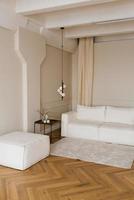 a real interior do uma brilhante vivo quarto com uma sofá com uma moderno minimalista escandinavo estilo foto