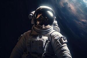 astronauta em uma Rocha superfície com uma espaço fundo. a astronauta em pé em a solitário planeta com ele olhando avançar. generativo ai foto