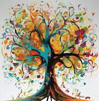 abstrato árvore com raízes e colorida folhas. isolado em branco fundo. plano estilo, vetor ilustração. generativo ai. foto