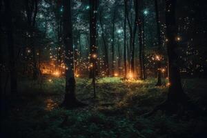 fantasia mágico floresta com brilhando luzes. generativo ai foto