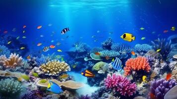 embaixo da agua coral recife panorama super Largo bandeira fundo dentro profundo azul oceano. ilustração ai generativo foto
