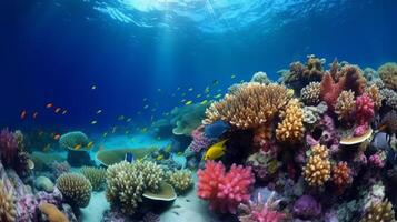 embaixo da agua coral recife panorama super Largo bandeira fundo dentro profundo azul oceano. ilustração ai generativo foto