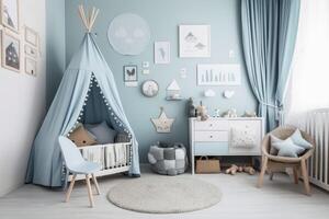 uma bebê Garoto quarto dentro pastel azul criada com generativo ai tecnologia. foto
