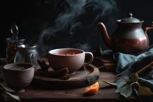 uma acolhedor chá cenário conceito com vapor chá dentro uma copo e chá folhas criada com generativo ai tecnologia. foto