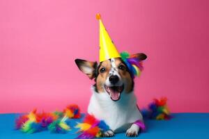 uma fofa cachorro com uma festa chapéu e festa brilhar criada com generativo ai tecnologia. foto