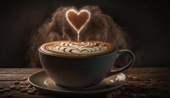 café café com leite com cremoso e espuma dentro copo e café com leite arte forma em Sombrio de madeira mesa, com café feijões decoração, calma e relaxar café, relaxamento tempo, quente bebida, com generativo ai. foto