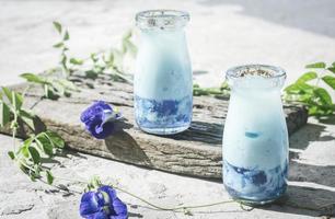 borboleta ervilha azul chá café com leite com azul geléia servido dentro uma jar. cobertura com branco leite espuma e fresco borboleta ervilha pétalas foto