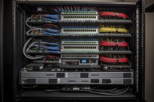 ethernet cabos e caminho painel dentro prateleira gabinete. generativo ai foto