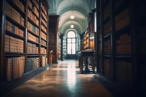 borrado biblioteca interior com vintage estantes. ai gerado foto