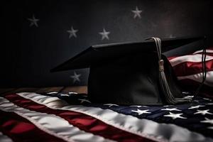 uma graduação boné em a americano bandeira foto