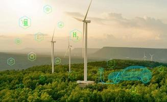 verde hidrogênio gás Produção às vento Fazenda. sustentável renovável energia. elétrico carro o preenchimento H2 às hidrogênio abastecendo estação. H2 combustível célula veículo. internet zero emissão. futuro energia. verde tecnologia foto