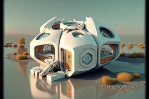 futurista casa sentado em topo do uma corpo do água. generativo ai. foto