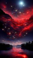 ampla corpo do água debaixo uma vermelho céu. generativo ai. foto