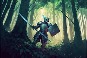 homem dentro armaduras segurando uma espada dentro uma floresta. generativo ai. foto