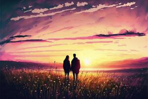 pintura do dois pessoas em pé dentro uma campo às pôr do sol. generativo ai. foto
