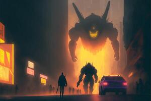 grupo do pessoas caminhando baixa uma rua dentro frente do uma gigante monstro. generativo ai. foto