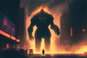 pessoa em pé dentro frente do uma gigante monstro em uma cidade rua. generativo ai. foto