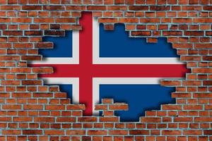 3d bandeira do Islândia atrás a quebrado velho pedra parede fundo. foto