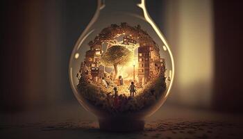 lâmpada com uma miniatura mundo dentro, digital arte ilustração, generativo ai foto