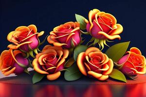 3d ilustração do vermelho e amarelo rosa flores sobre Sombrio azul fundo. ai gerado foto