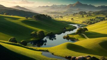 panorama com verde colinas e rio às pôr do sol. 3d renderizar. ai gerado foto