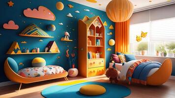 3d Renderização do crianças quarto com amarelo e azul mobília e brinquedos. ai gerado foto