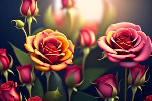 3d ilustração do vermelho e amarelo rosa flores sobre Sombrio azul fundo. ai gerado foto