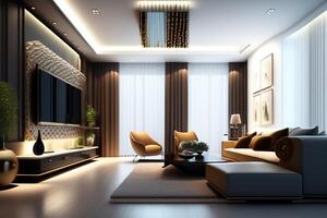 3d Renderização luxo quarto suíte dentro hotel com agradável iluminação e ouro móveis. ai gerado foto