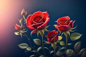 3d ilustração do vermelho e amarelo rosa flores sobre Sombrio azul fundo. ai gerado foto