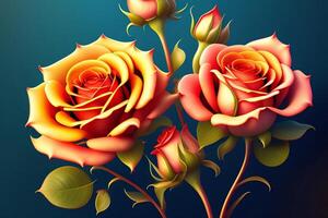 3d ilustração do vermelho e amarelo rosa flores sobre Sombrio azul fundo. ai gerado foto