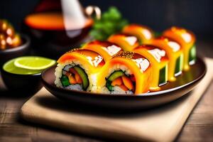 japonês cozinha - maki Sushi com arroz e legumes. ai gerado foto