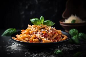 Macarrão Penne massa com tomate molho, parmesão queijo, e manjericão em Sombrio fundo. ai gerado foto