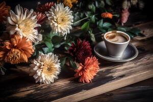 café em de madeira mesa com flores ai gerado foto