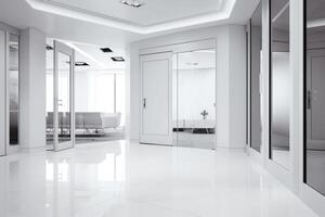 branco escritório lobby com encontro quarto e porta. ai gerado foto