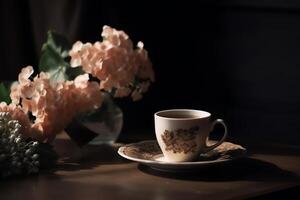 café copo com flores em mesa. ai gerado foto