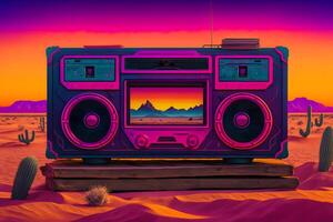 vintage rádio boombox dentro a deserto, onda retro, synthwave. neural rede ai gerado foto