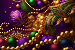 mardi gras máscaras e mardi gras miçangas fundo. neural rede ai gerado foto