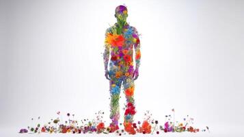 saúde dia, conceito imagem do uma homem a partir de grama, flores fictício pessoa criada com generativo ai. foto