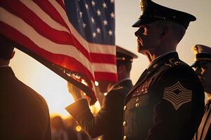 Visão do uma veterano saudando a bandeira do a Unidos estados. neural rede ai gerado foto