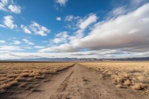 panorama do a estrada através a desfiladeiro deserto. vermelho Rocha desfiladeiro deserto estrada. neural rede ai gerado foto