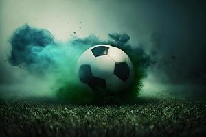 tradicional futebol bola em futebol campo em verde Relva com Sombrio tonificado nebuloso fundo. neural rede gerado arte foto