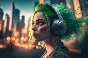 retrato do jovem menina com verde cabelo ouvindo música com fones de ouvido em cidade rua. neural rede gerado arte foto