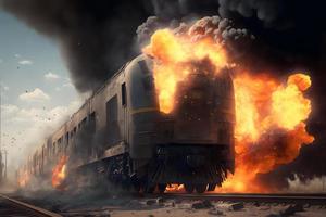 queimando trem carro em fogo acidente em trem quintal. neural rede gerado arte foto