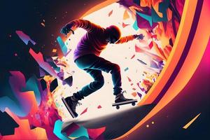abstrato extremo Esportes amante executa salto para dentro infinidade com fictício skate ou snowboard. neural rede gerado arte foto