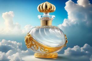 lindo perfume garrafa contra a fundo do a céu e nuvens. neural rede ai gerado arte foto