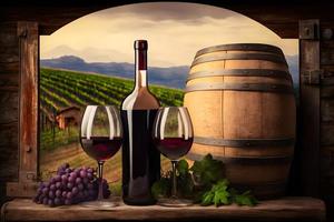 vermelho vinho degustação dentro a vinho porão, copo de vinho e garrafas Próximo para a janela. neural rede gerado arte foto