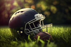 americano futebol capacete em verde grama. neural rede ai gerado arte foto